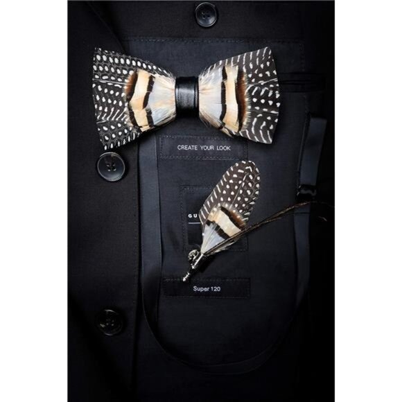 Handmade Feather Pre-tied Bow tie and Brooch Sets for Men - Picture 4 of 7